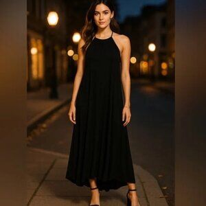 Brit & Bri High Neck Black Spaghetti Strap Flowy Stretchy Maxi Dress Size Small